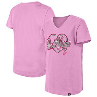 Girl's Youth New Era Pink Detroit Red Wings Flip Sequin V-Neck T-Shirt
