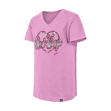 Girl's Youth New Era Pink Detroit Red Wings Flip Sequin V-Neck T-Shirt