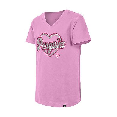 Girl's Youth New Era Pink Pittsburgh Penguins Flip Sequin V-Neck T-Shirt
