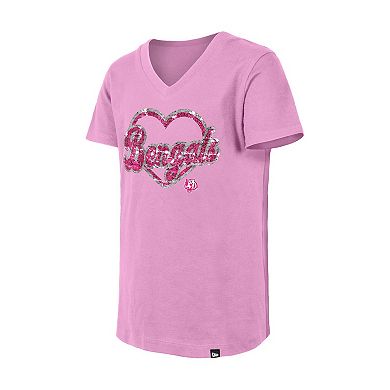 Girls Youth New Era Pink Cincinnati Bengals Flip Sequins V-Neck T-Shirt