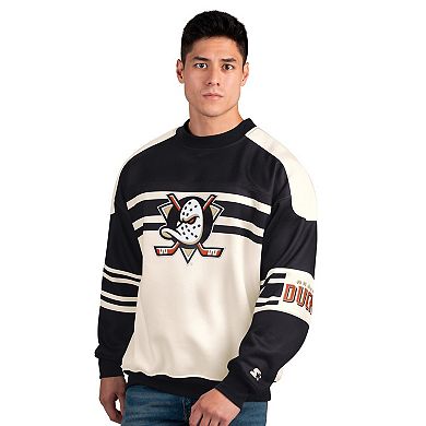 Men's Starter Cream/Black Anaheim Ducks Defense Fleece Crewneck Pullover Sweatshirt