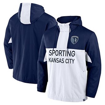 Men's Fanatics Navy Sporting Kansas City Free Kick Woven Quarter-Zip Hoodie Jacket
