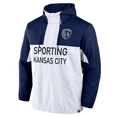 Men's Fanatics Navy Sporting Kansas City Free Kick Woven Quarter-Zip Hoodie Jacket