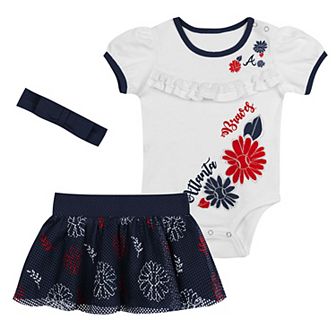"Newborn White/Navy Atlanta Braves Sweet Catcher 3 pc Bodysuit, Headband and Skirt Set"