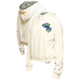 Women's New Era Cream Minnesota Wild Glam Game Quarter-Zip Cropped Floral Hoodie Pullover