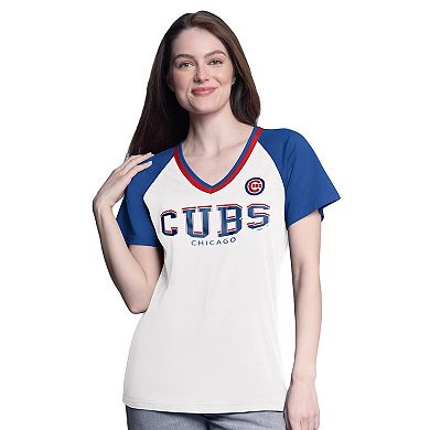 Women's G-III 4Her by Carl Banks White/Royal Chicago Cubs Ball Park Raglan V-Neck T-Shirt