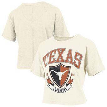 Women's Pressbox Cream Texas Longhorns Buckler Vintage Cropped T-Shirt