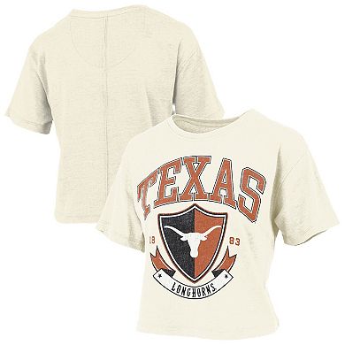 Women's Pressbox Cream Texas Longhorns Buckler Vintage Cropped T-Shirt