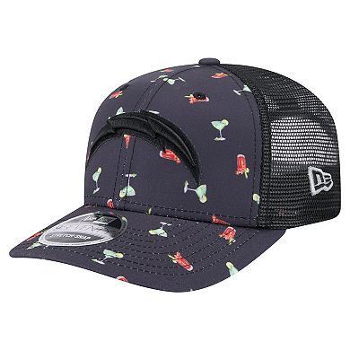 Men's New Era Navy/Black Los Angeles Chargers Adventure Drinks Pattern 9SEVENTY Stretch-Snap Hat