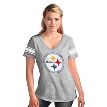 Women's G-III 4Her by Carl Banks Heather Gray Pittsburgh Steelers First Pick Distressed V-Neck T-Shirt