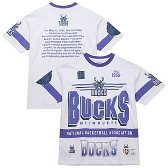 Unisex Mitchell & Ness White Milwaukee Bucks Hardwood Classics Vintage Team Origins Premium T-Shirt