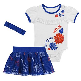Newborn White/Royal New York Mets Sweet Catcher 3 pc Bodysuit, Headband and Skirt Set