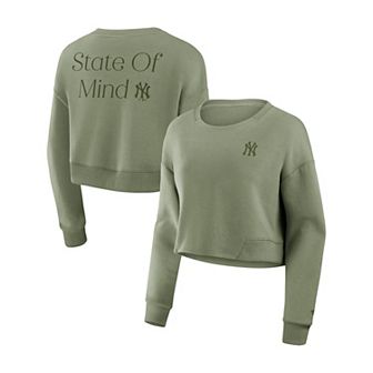 Women's Fanatics Olive New York Yankees Studio Cropped Pullover Sweatshirt