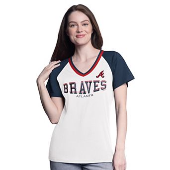 Women's G-III 4Her by Carl Banks White/Navy Atlanta Braves Ball Park Raglan V-Neck T-Shirt