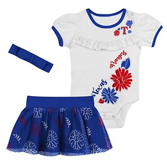"Newborn White/Royal Texas Rangers Sweet Catcher 3 pc Bodysuit, Headband and Skirt Set"