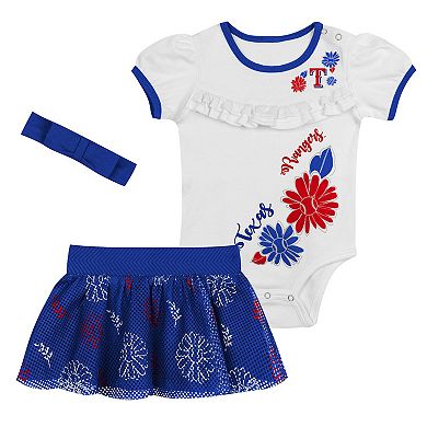 "Newborn White/Royal Texas Rangers Sweet Catcher 3-Piece Bodysuit, Headband and Skirt Set"