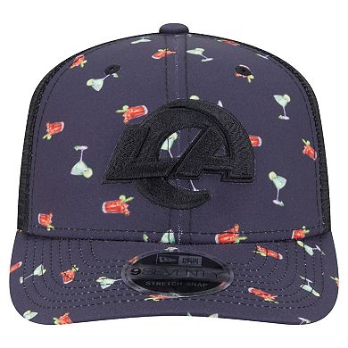Men's New Era Navy/Black Los Angeles Rams Adventure Drinks Pattern 9SEVENTY Stretch-Snap Hat