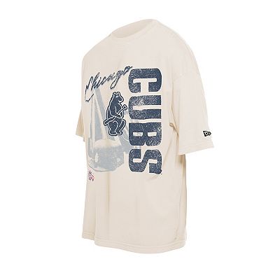 Men's New Era Cream Chicago Cubs Cooperstown Collection Oversized Throwback Distressed T-Shirt