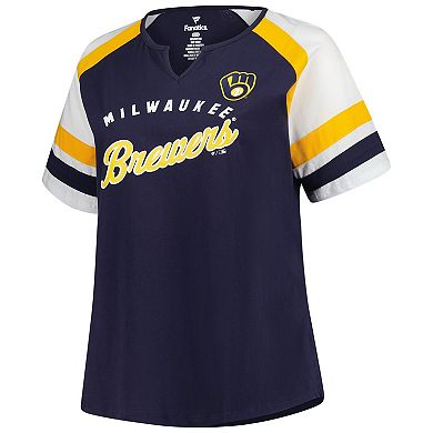 Women's Profile Navy Milwaukee Brewers Plus Sized Arched Notch Neck T-Shirt