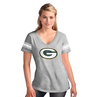Women's G-III 4Her by Carl Banks Heather Gray Green Bay Packers First Pick Distressed V-Neck T-Shirt