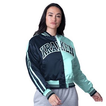 Women's Starter Light Blue/Navy Seattle Kraken Zone Blitz Cropped Full-Snap Varsity Jacket