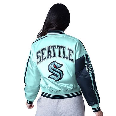Women's Starter Light Blue/Navy Seattle Kraken Zone Blitz Cropped Full-Snap Varsity Jacket
