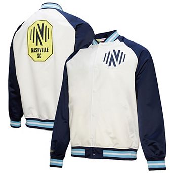 Men's Mitchell & Ness White/Navy Nashville SC 2025 Jersey Hook Lightweight Satin Raglan Full-Snap Jacket
