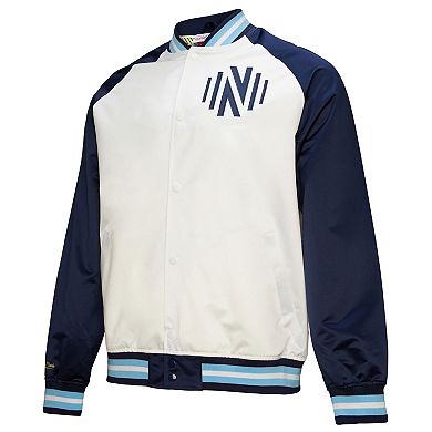 Men's Mitchell & Ness White/Navy Nashville SC 2025 Jersey Hook Lightweight Satin Raglan Full-Snap Jacket