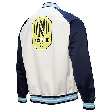 Men's Mitchell & Ness White/Navy Nashville SC 2025 Jersey Hook Lightweight Satin Raglan Full-Snap Jacket