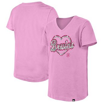 Girl's Youth New Era Pink Boston Bruins Flip Sequin V-Neck T-Shirt