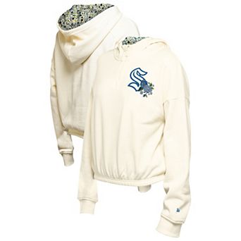 Women's New Era Cream Seattle Kraken Glam Game Quarter-Zip Cropped Floral Hoodie Pullover