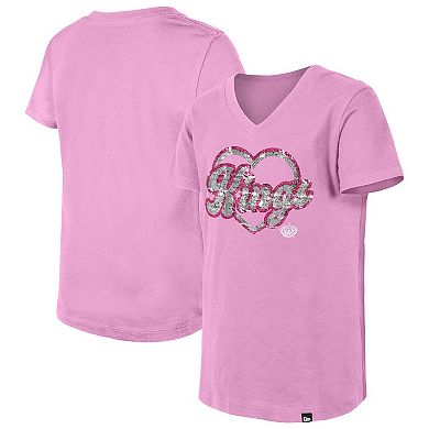 Girl's Youth New Era Pink Los Angeles Kings Flip Sequin V-Neck T-Shirt