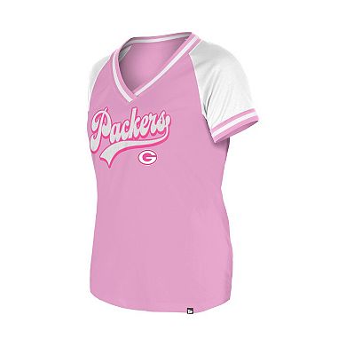 Women's New Era Pink Green Bay Packers Color Multiplier V-Neck T-Shirt