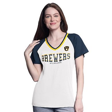 Women's G-III 4Her by Carl Banks White/Navy Milwaukee Brewers Ball Park Raglan V-Neck T-Shirt
