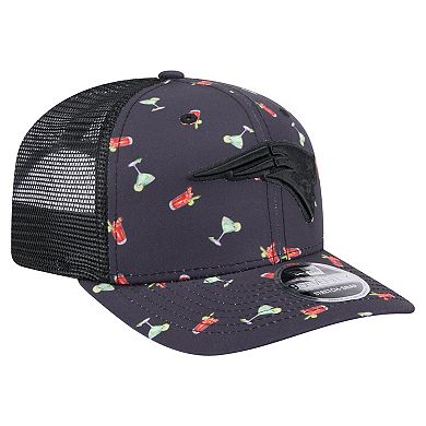 Men's New Era Navy/Black New England Patriots Adventure Drinks Pattern 9SEVENTY Stretch-Snap Hat