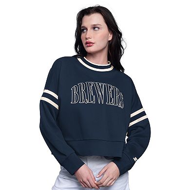 Women's Starter Navy Milwaukee Brewers Power Play Cropped Pullover Sweatshirt