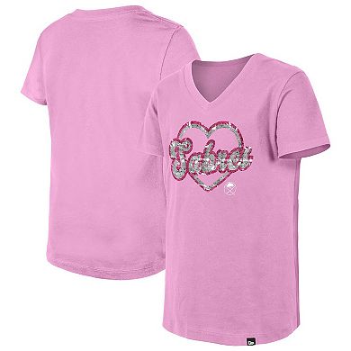 Girl's Youth New Era Pink Buffalo Sabres Flip Sequin V-Neck T-Shirt