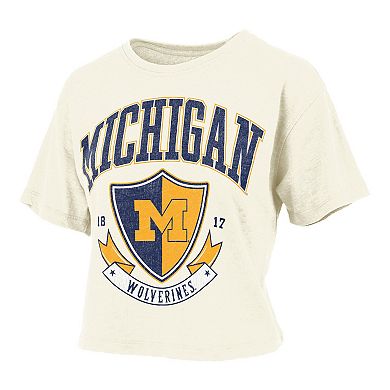 Women's Pressbox Cream Michigan Wolverines Buckler Vintage Cropped T-Shirt