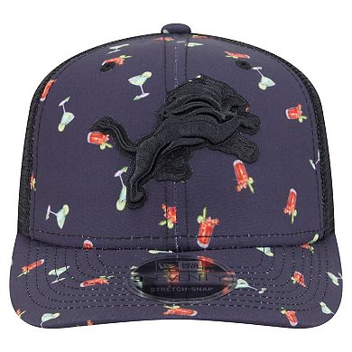 Men's New Era Navy/Black Detroit Lions Adventure Drinks Pattern 9SEVENTY Stretch-Snap Hat