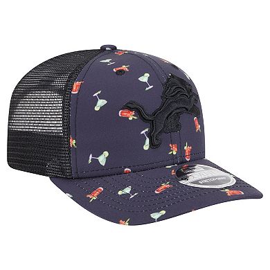 Men's New Era Navy/Black Detroit Lions Adventure Drinks Pattern 9SEVENTY Stretch-Snap Hat
