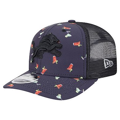 Men's New Era Navy/Black Detroit Lions Adventure Drinks Pattern 9SEVENTY Stretch-Snap Hat