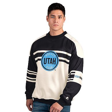 Men's Starter White/Black Utah Hockey Club Defense Fleece Crewneck Pullover Sweatshirt