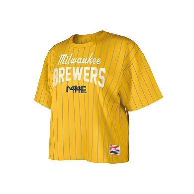 Women's New Era Gold Milwaukee Brewers City Connect Multiplier Pinstripe Cropped T-Shirt