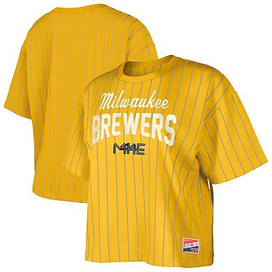 Women's New Era Gold Milwaukee Brewers City Connect Multiplier Pinstripe Cropped T-Shirt