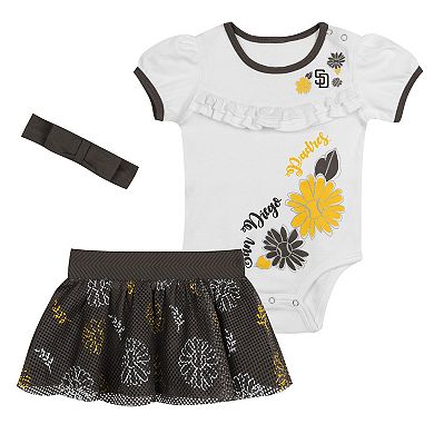 "Newborn White/Brown San Diego Padres Sweet Catcher 3-Piece Bodysuit, Headband and Skirt Set"