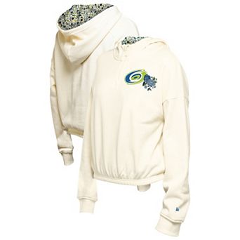 Women's New Era Cream Carolina Hurricanes Glam Game Quarter-Zip Cropped Floral Hoodie Pullover