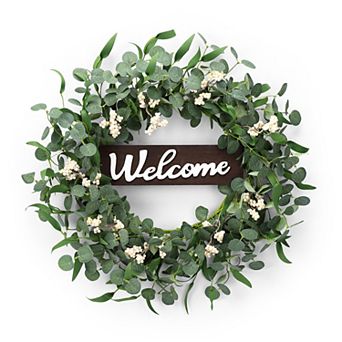 20 Inch Eucalyptus Wreath with Welcome Sign for Front Door, Spring Summer Door Wreaths