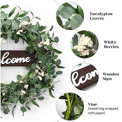 20 Inch Eucalyptus Wreath with Welcome Sign for Front Door, Spring Summer Door Wreaths