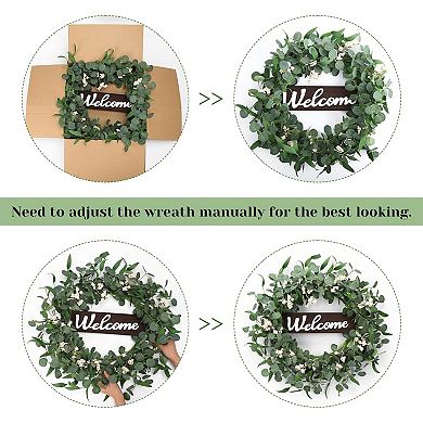 20 Inch Eucalyptus Wreath with Welcome Sign for Front Door, Spring Summer Door Wreaths