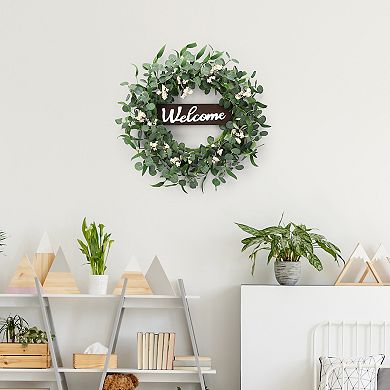 20 Inch Eucalyptus Wreath with Welcome Sign for Front Door, Spring Summer Door Wreaths